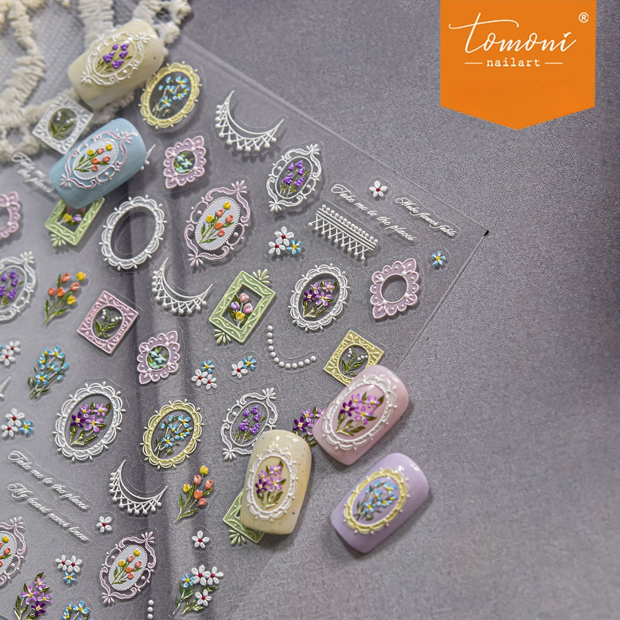 Vintage Floral Frame Emboss – Romantic French Nail Art Stickers