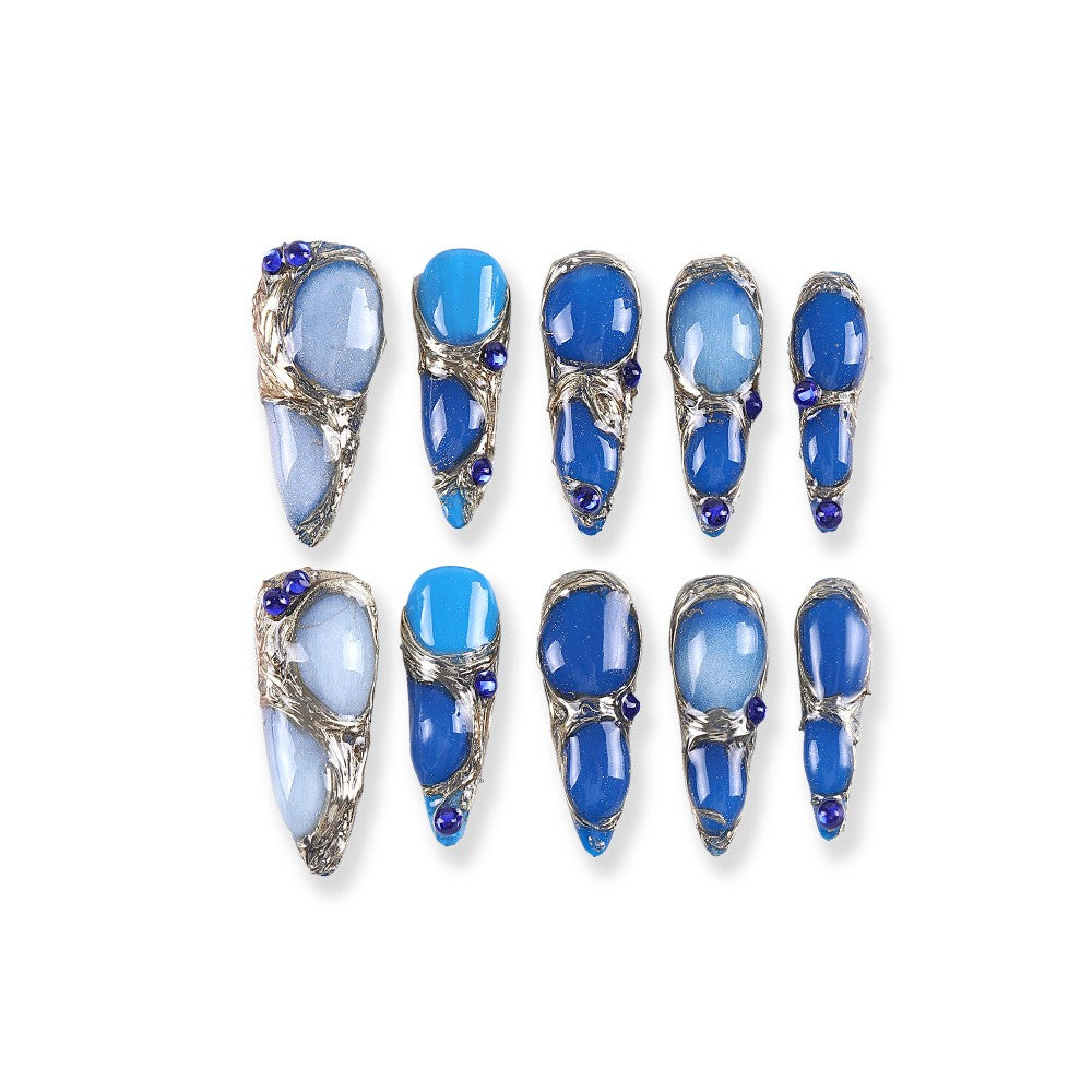 Blue Gemstone Metal Frame Press-On Nails with 3D Crystal Texture ( MOQ=5pcs )
