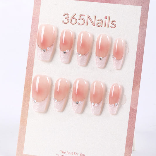 365Nails Blush Ombre Long Coffin Press-On Nails with Pearls and Sparkle Cuticles