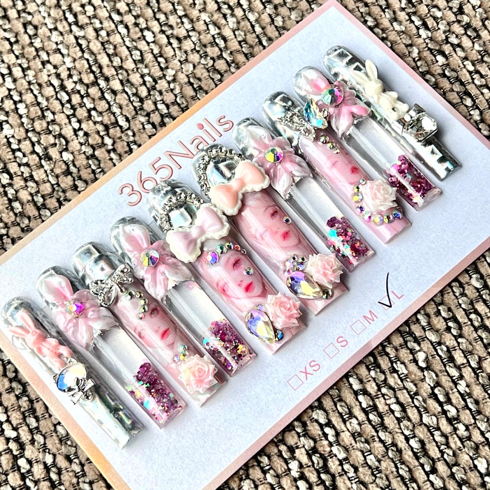 365nails: "Pink Holographic Bunny" – Handmade Floral Liquid Motion Press-On Long Pipe Nails-5.5cm