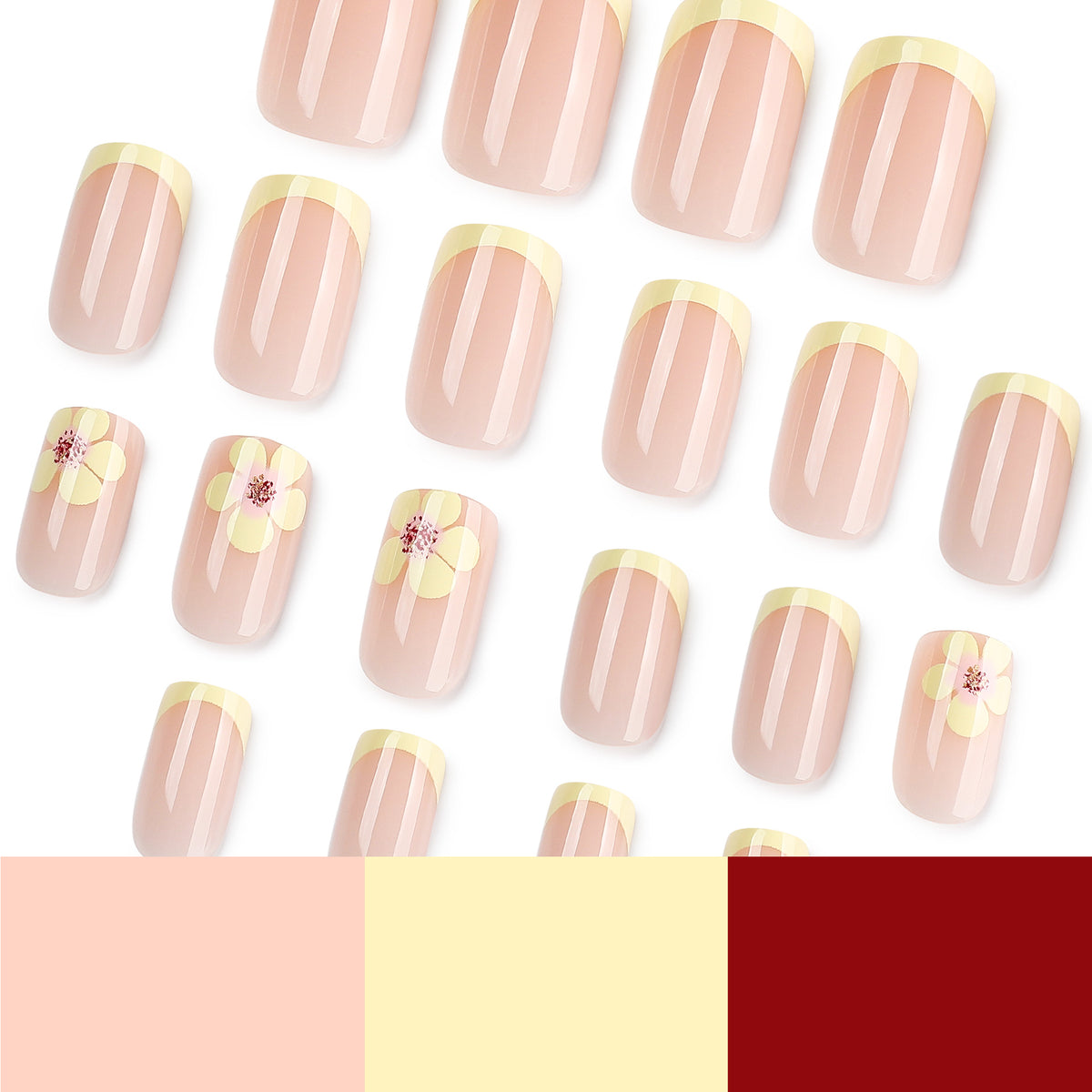 Angled view of nude french tip nails with yellow flower detail and a pink, yellow, and deep red color swatch