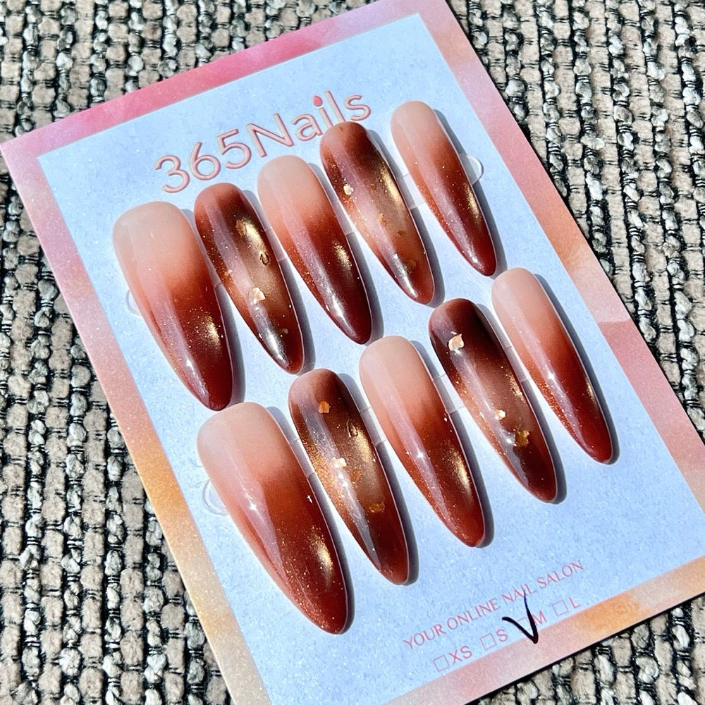 365nails: "Chocolate Caramel Ombre" – Gold Foil Brown Gradient Handmade Stiletto Nails