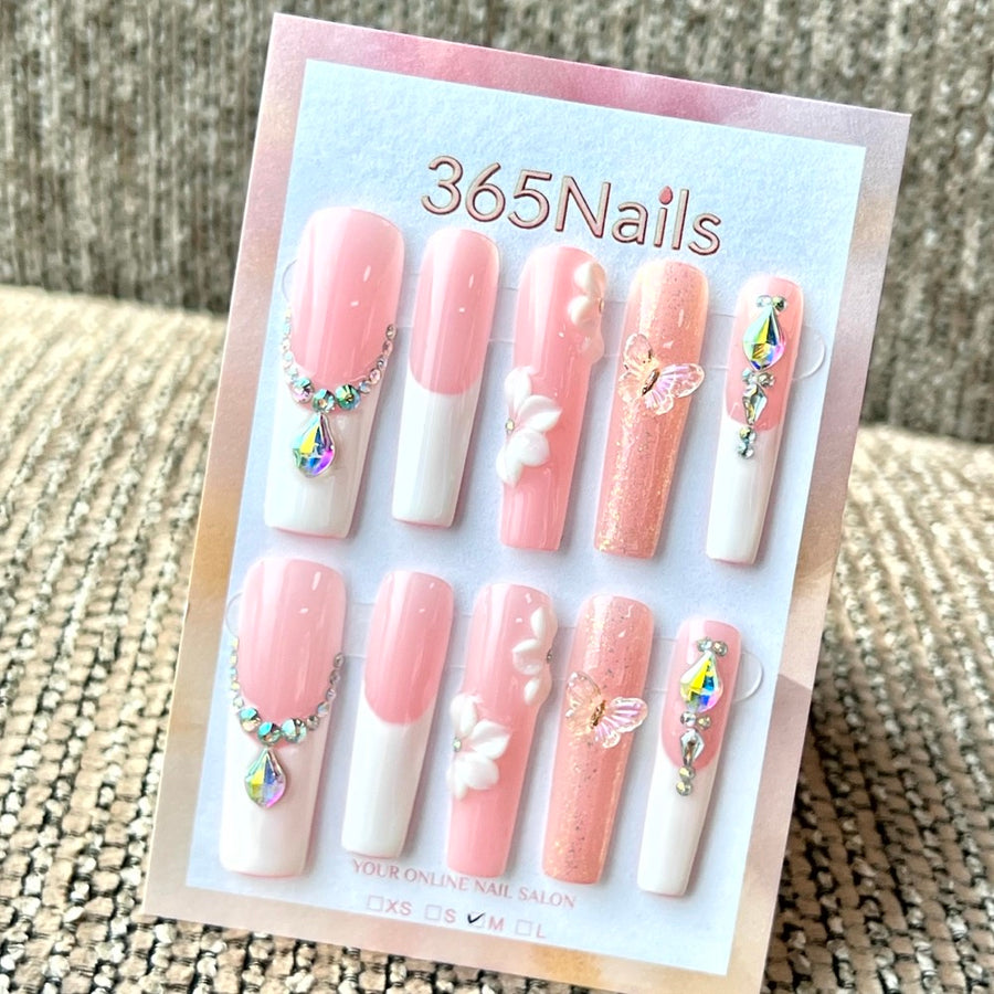 "Pink French Butterfly Crystal" - Wholesale Ultra-Soft Flexible Fit Handmade Nails (MOQ=100)