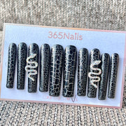 365nails 블랙 크랙 뱀무늬 라인스톤 수제 롱 사다리꼴형 프레스온 네일