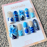 Sculpted Flora: "Cobalt Bloom" – 3D Blue Floral & Silver Chrome Abstract Long Square Nails