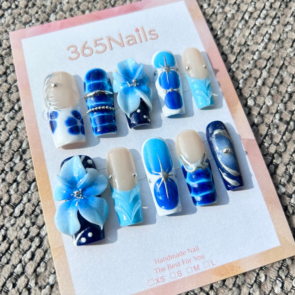 Sculpted Flora: "Cobalt Bloom" – 3D Blue Floral & Silver Chrome Abstract Long Square Nails