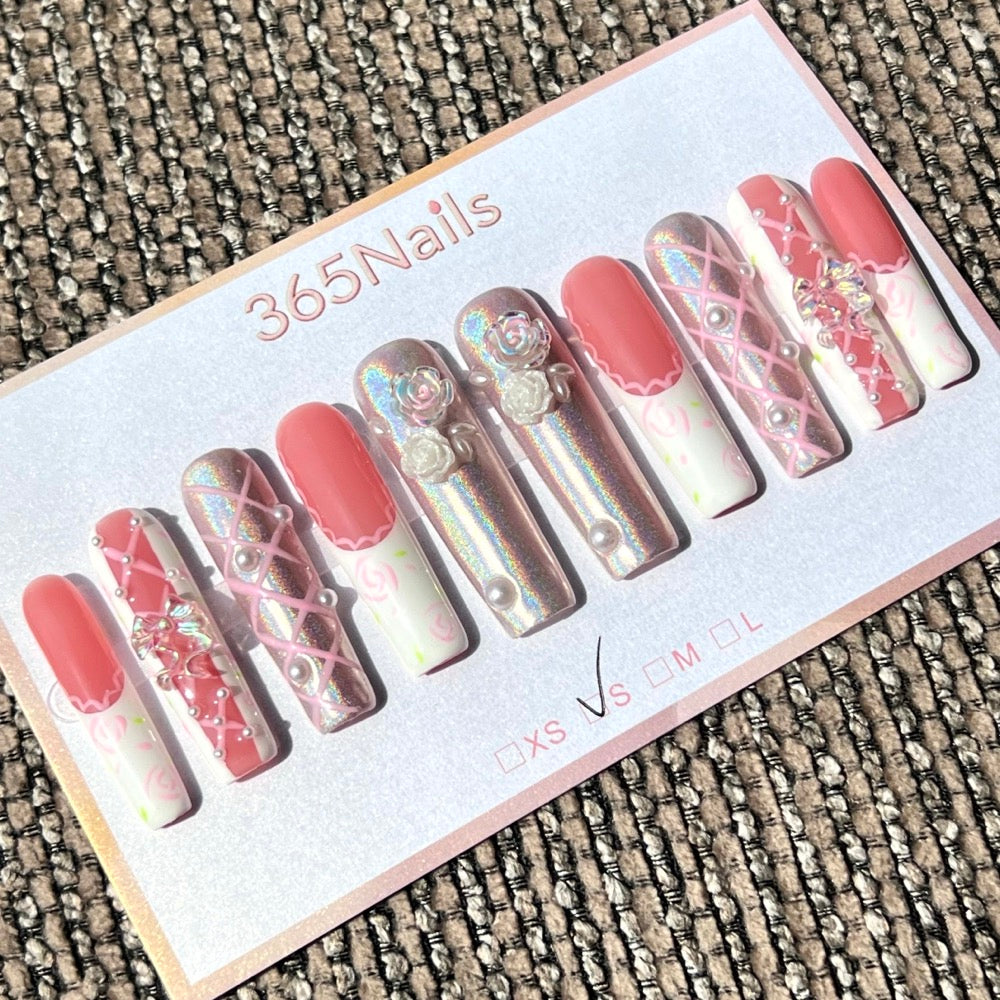 365nails: "Rose Garden" – 3D Floral & French Tip Handmade Coffin Nails
