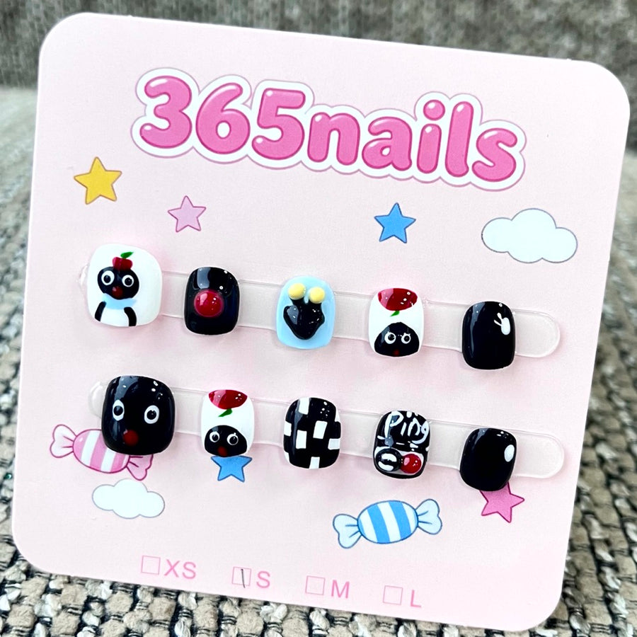 365nails: "Pingu's Playground" – 3D Character & Checkered Handmade Short Square Nails