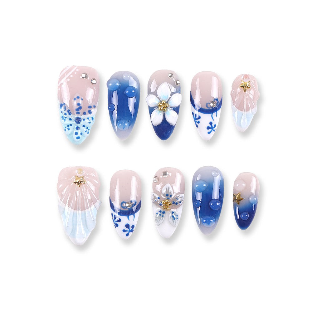 365Nails Sea-Salt Blue Floral 3D French Press-On Nails