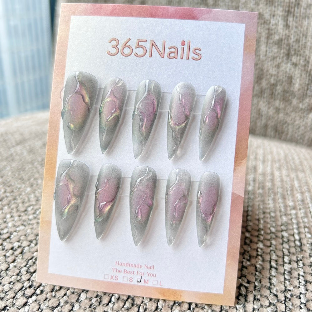 Femme Fatale: "Mystic Nebula" – Matte Smokey Grey with Pink-Gold Aurora Chrome Center & 3D Clear Liquid Swirls Long Stiletto Nails
