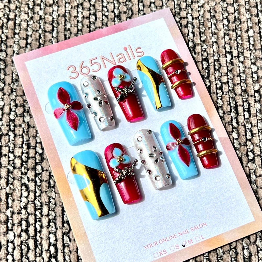 365nails: 강렬한 컬러블록 플로럴 글램 – 수제 미디엄 스퀘어형 프레스온 네일
