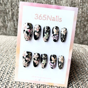 365nails: "Midnight Bloom" – 3D Floral Handmade Long Coffin Nails