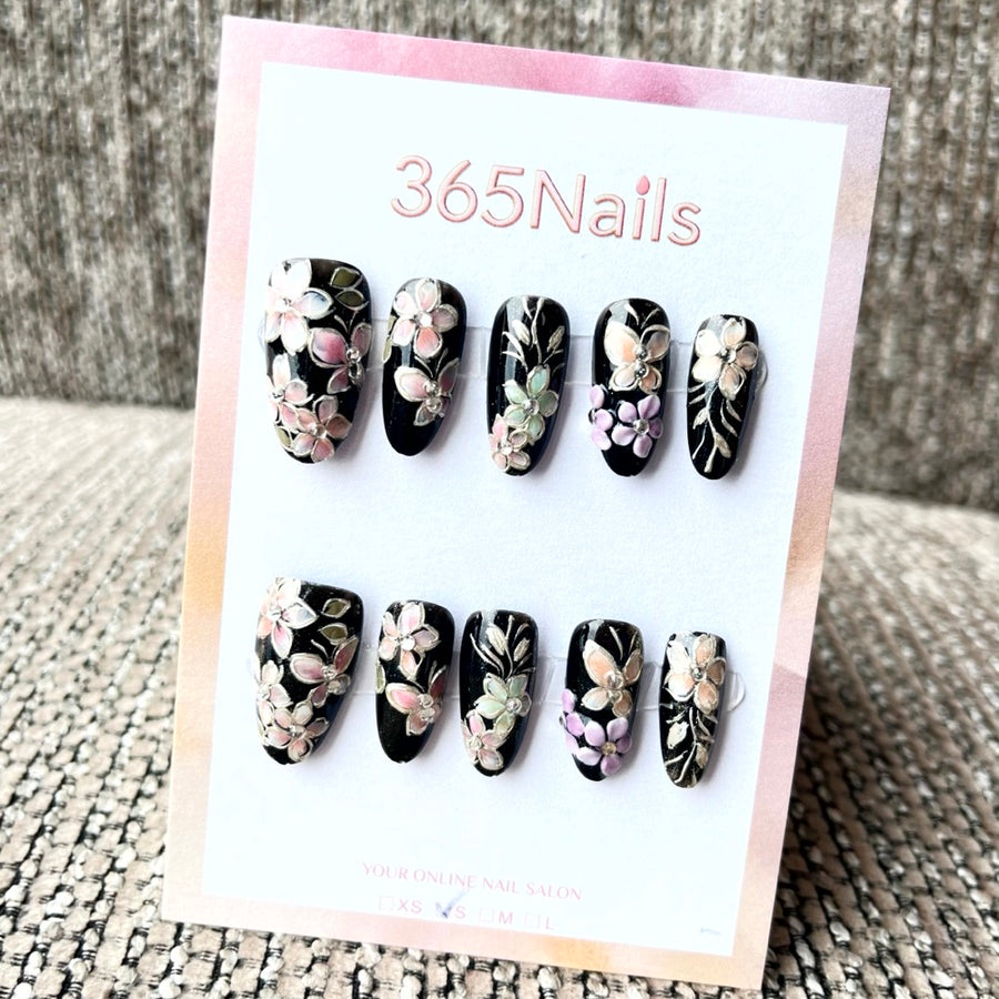 365nails: "Midnight Bloom" – 3D Floral Handmade Long Coffin Nails