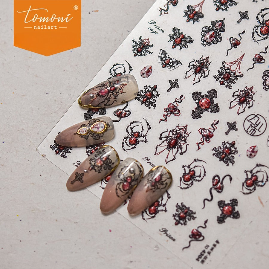 Gothic Spider & Ornament Nail Stickers – 5D Embossed Dark Elegance Set