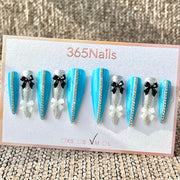 365nails: 블루 실버 리본 라인스톤 – 수제 롱 스틸레토형 프레스온 네일