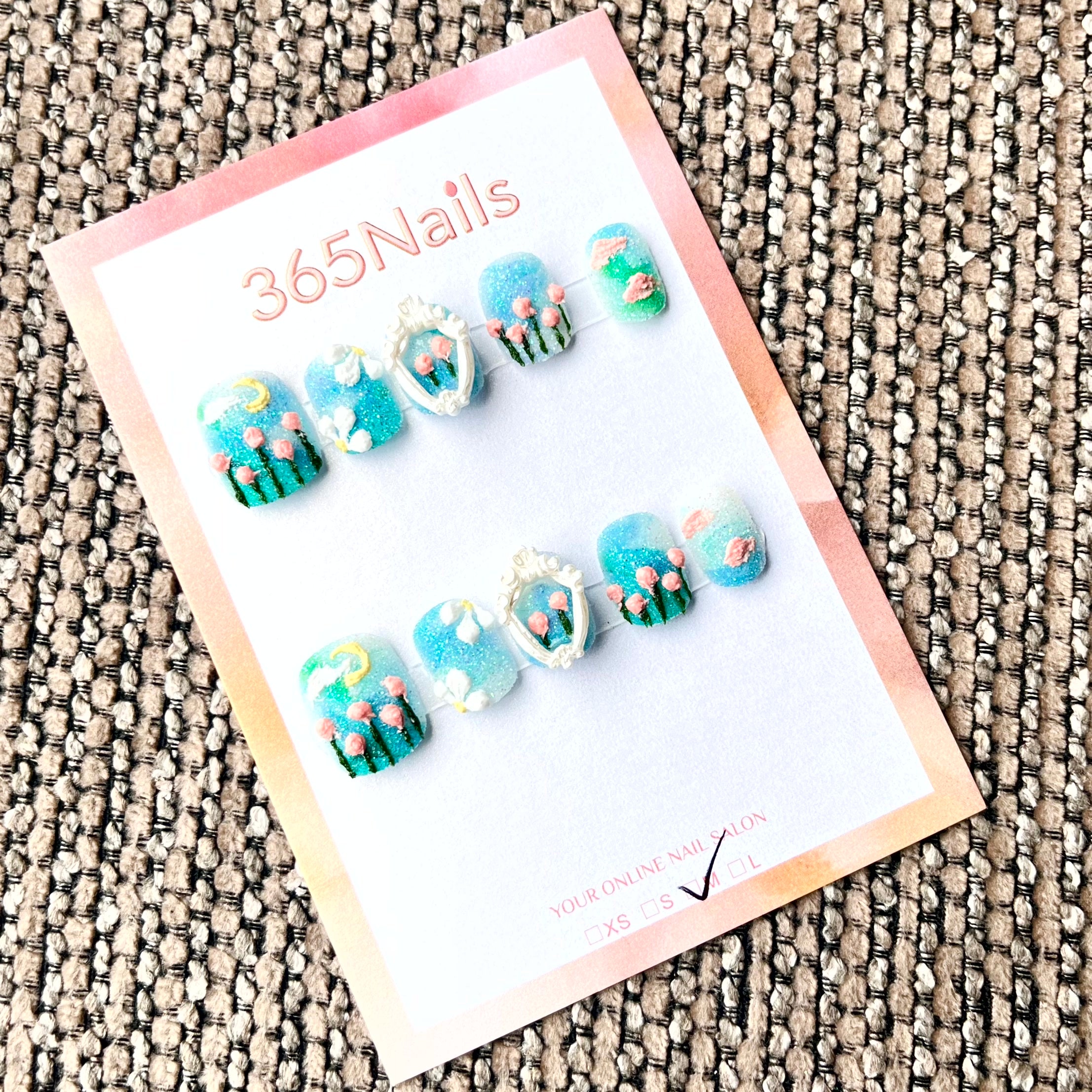 365nails: "Azure Daydream" – Unhas Curtas Artesanais Florais e Celestiais 3D
