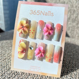 Sculpted Flora: "Sunset Frangipani Dew" – 3D Yellow & Pink Flowers on Ombre Green-Orange Jelly Nails with Water Droplets