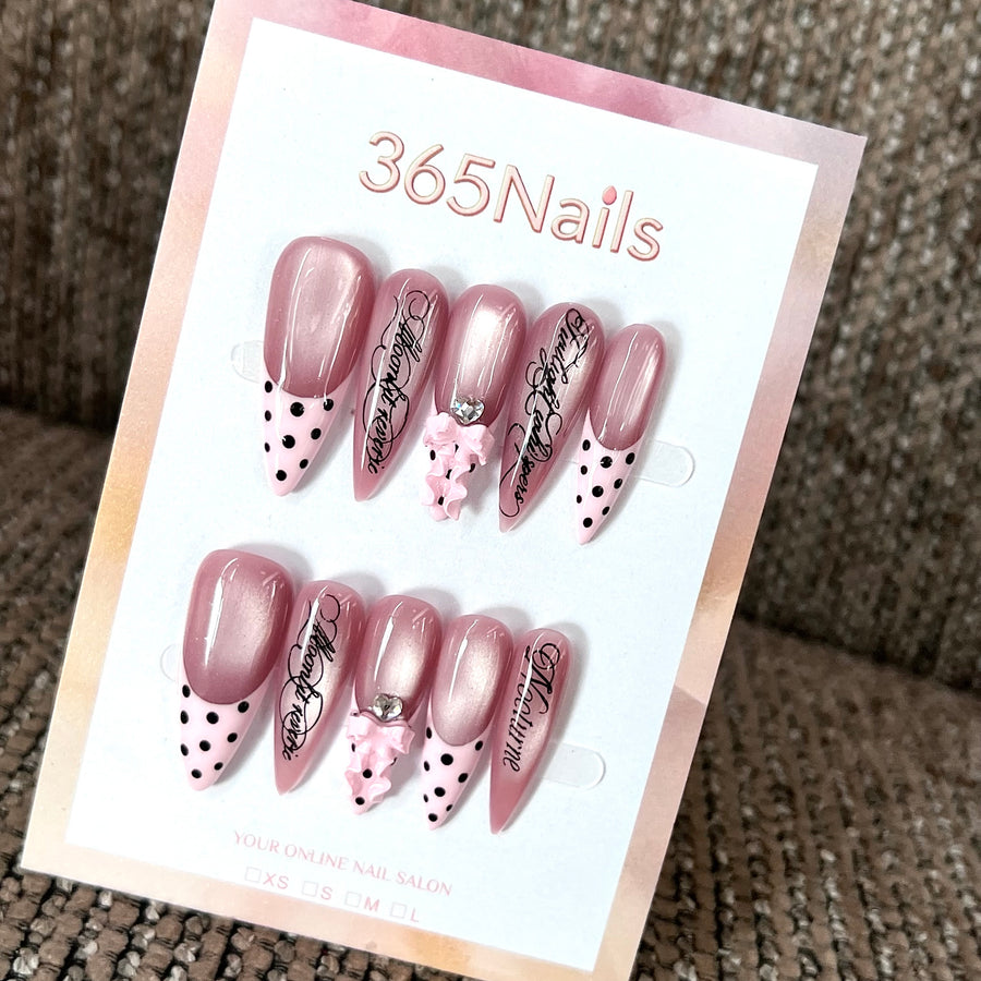 Pink Polka Ribbon - Dot Bow Press-On Nails