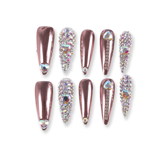 365nails rose-gold chrome with heart rhinestones luxury long press-ons
