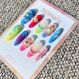 Handmade "Tropical Splash" 3D Floral Press-on Nails | Gradient Hibiscus & Water Drops | Long Coffin | 10pcs Set