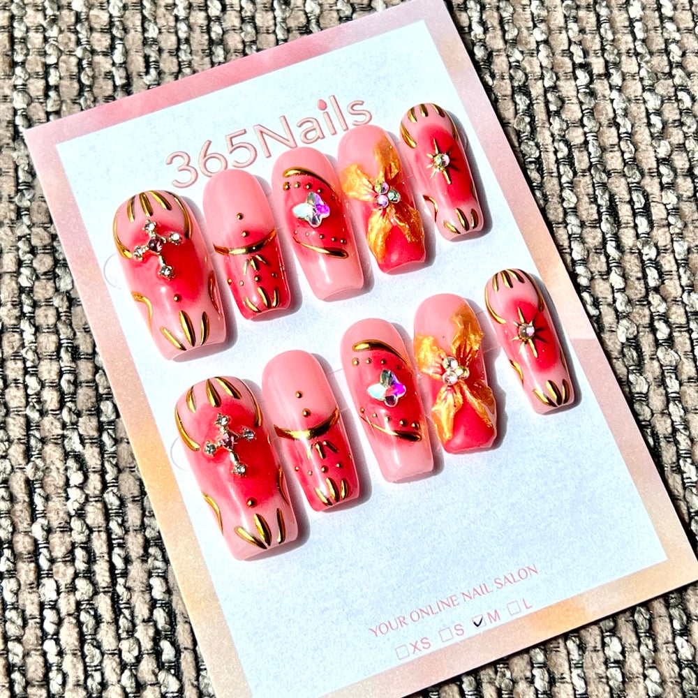 365nails: "Pink Renaissance Glam" – Handmade Medium Square Press-On Nails
