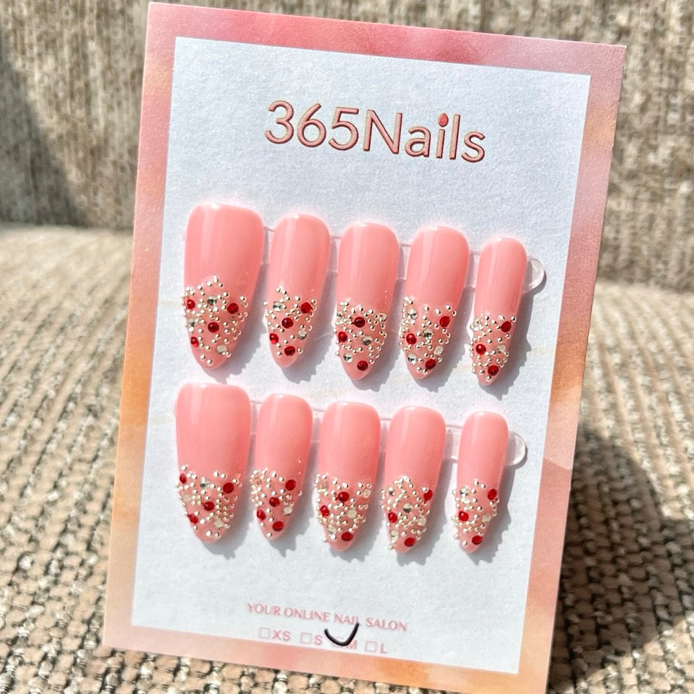 365nails 루비 글리터 V-팁 수제 미디엄 스틸레토형 프레스온 네일