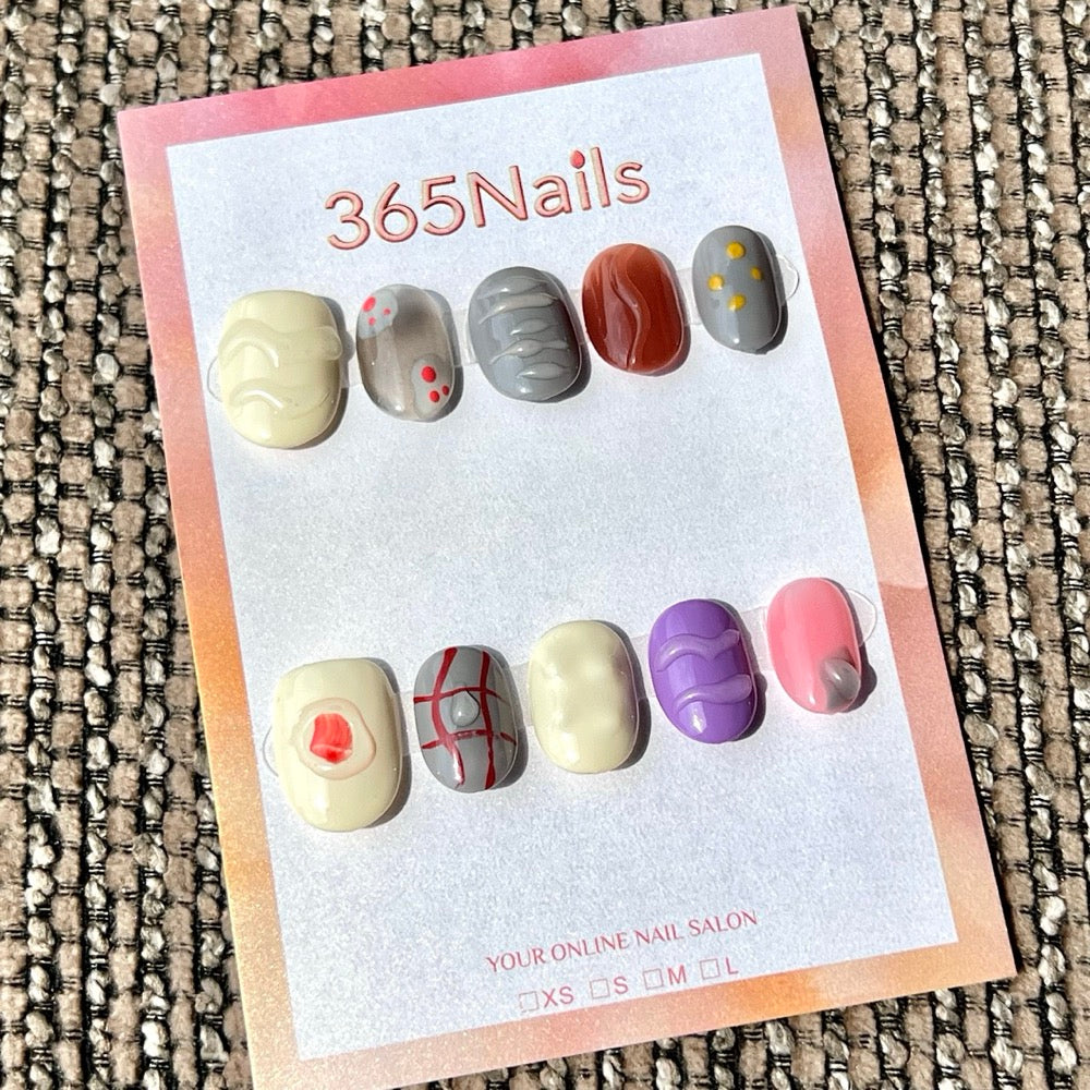 365nails: "Mixed Color 3D Wave Abstract" – Handmade Short Squoval Press-On Nails