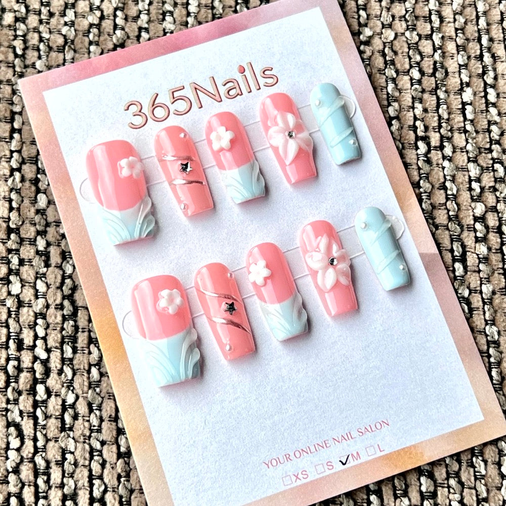 "Pink Blue French Floral Crystal" - Wholesale Ultra-Soft Flexible Fit Handmade Nails (MOQ=100)