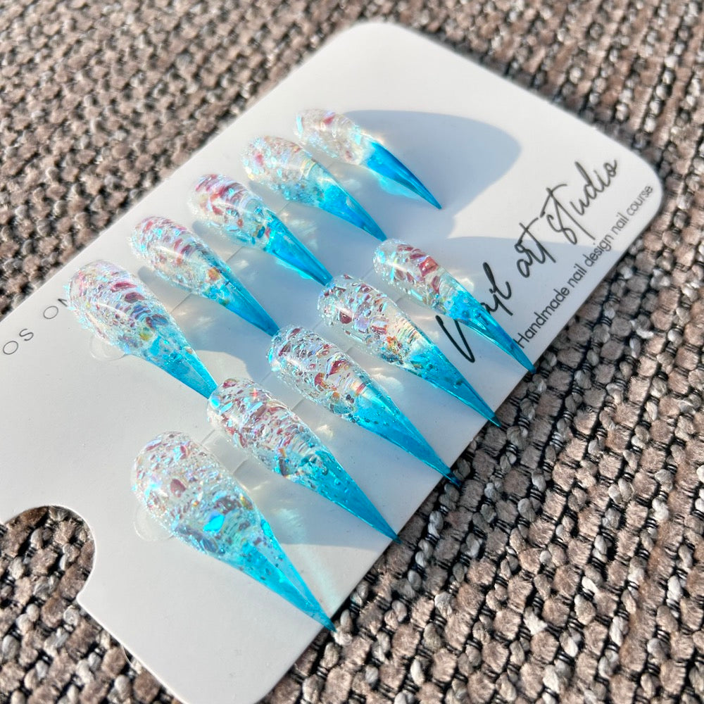 Aurora Ice Slush Press On Nails｜Clear Blue Crystal Long Stiletto