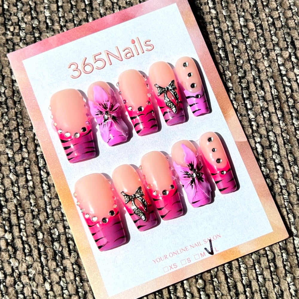 365nails: "野性蘭花" – 3D 蝴蝶與虎紋印花 手工製 棺材形 穿戴甲