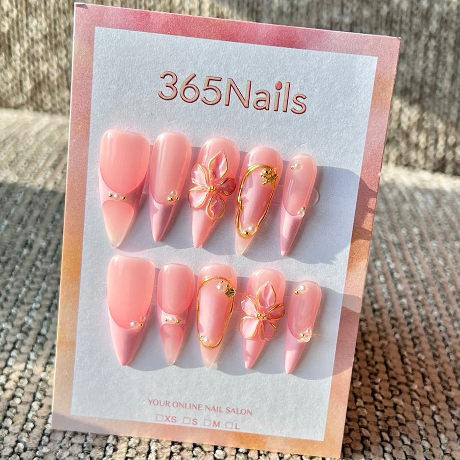365nails: "Pink French Tip Floral" – Handmade Medium Stiletto Press-On Nails