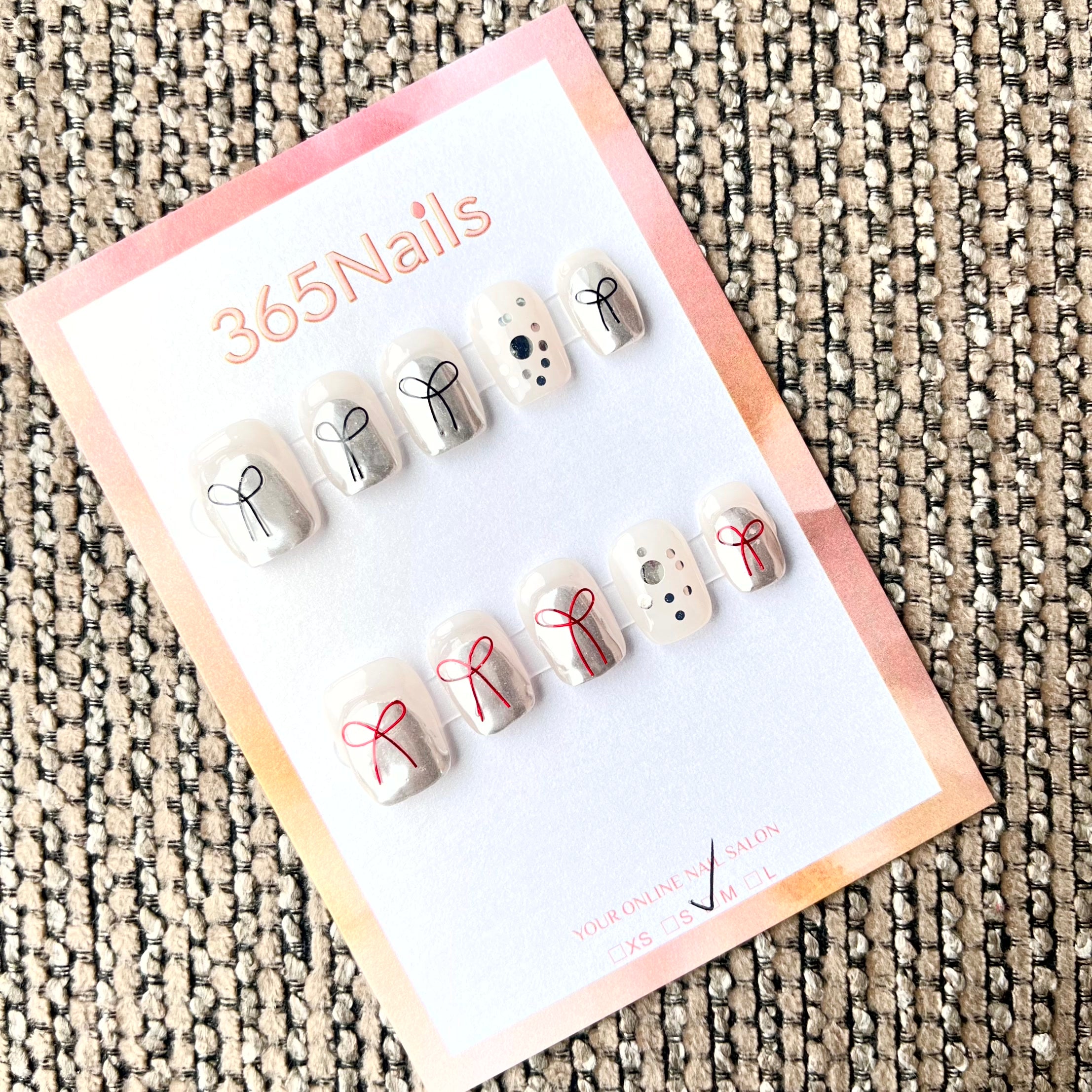365nails: "絲緞蝴蝶結" – 3D手繪蝴蝶結手工製短款方形穿戴甲