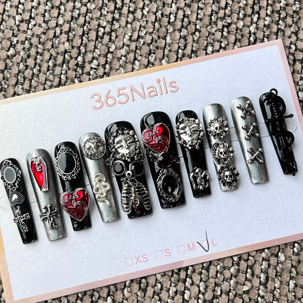 365nails: 고딕 블랙·실버·레드 하트·해골 수제 프레스온 네일