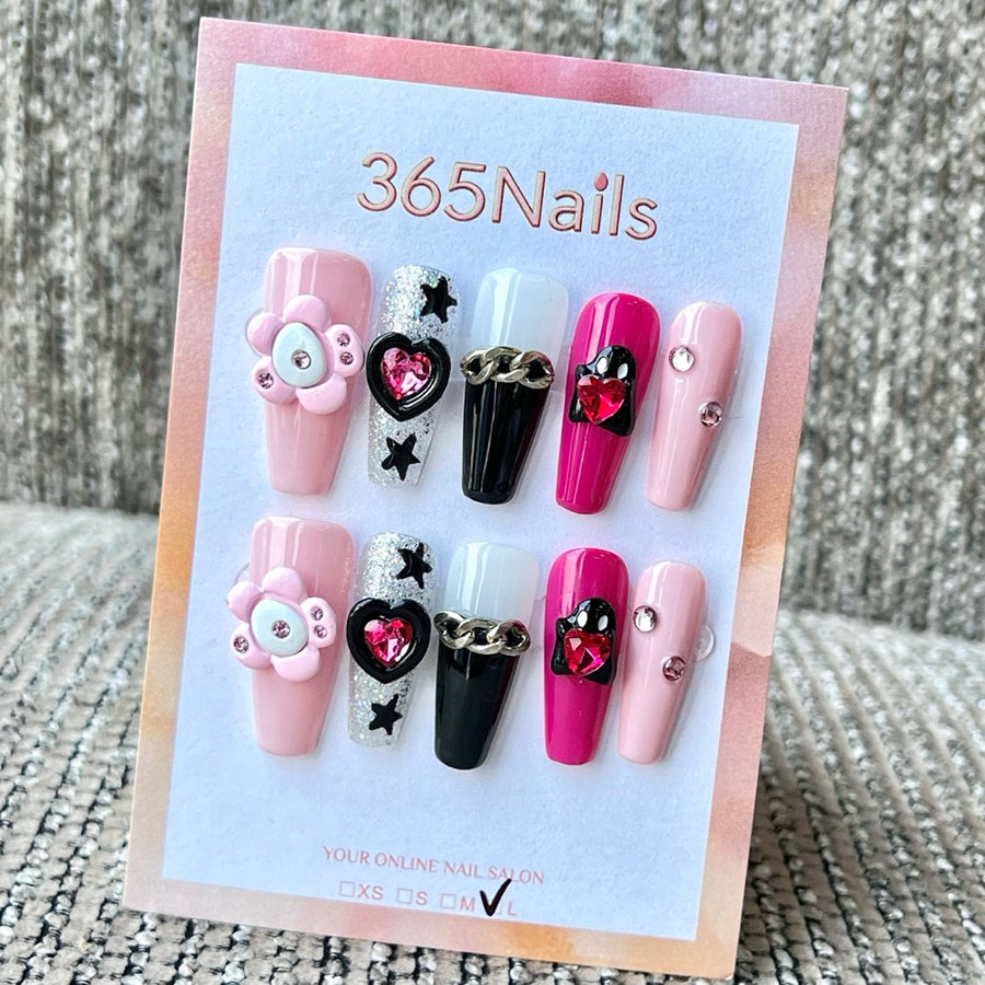 365nails: "Y2K Crush" – 3D Bear & Heart Handmade Press on Nails Long Coffin Nails