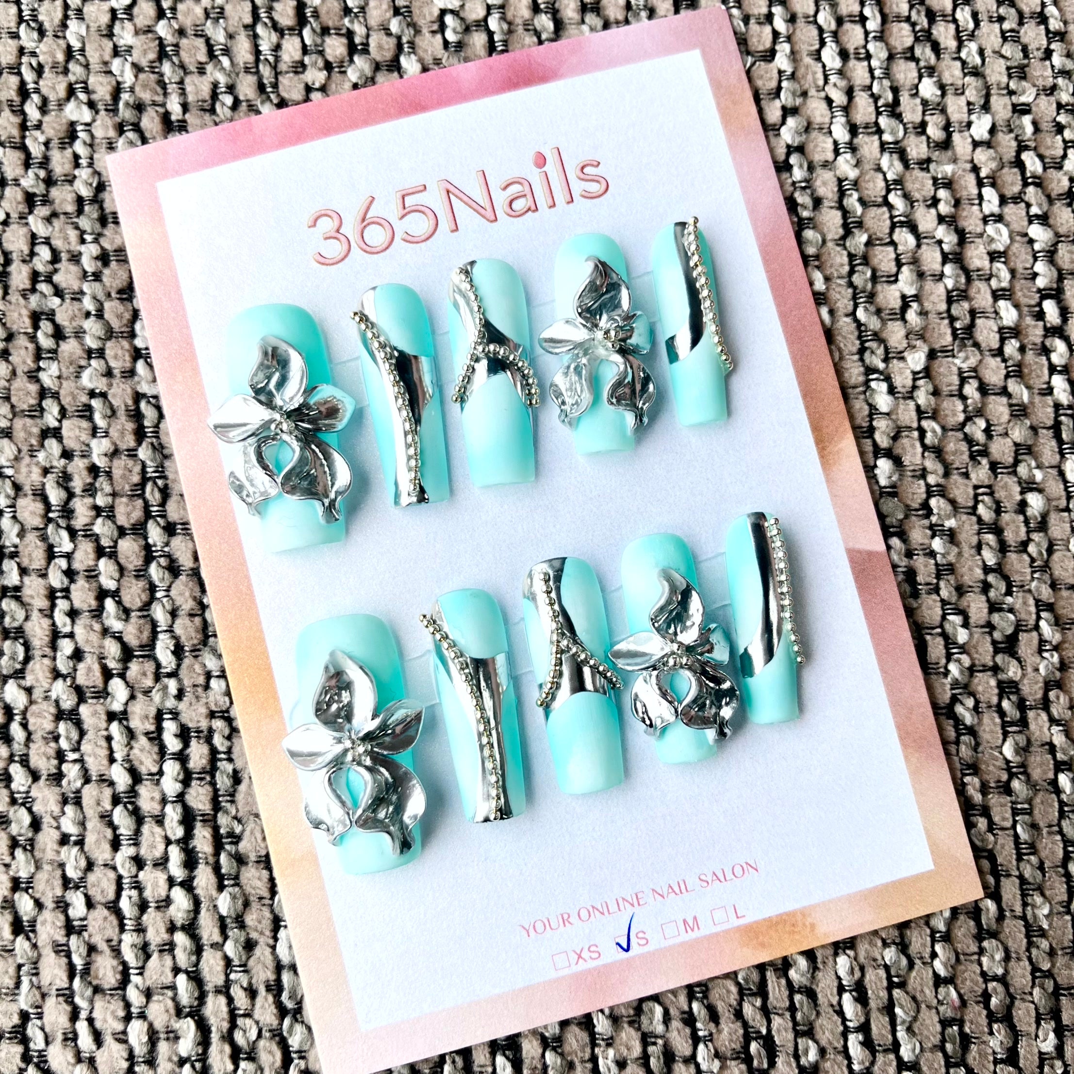Metallic Bloom: "Aqua Orchid" – Long Coffin Press-on Nails