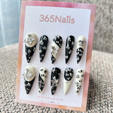 Femme Fatale: "Saturn Rebel" – Black & White Monochrome Leopard with Silver Planet Orb & Butterfly Charms Long Stiletto Nails