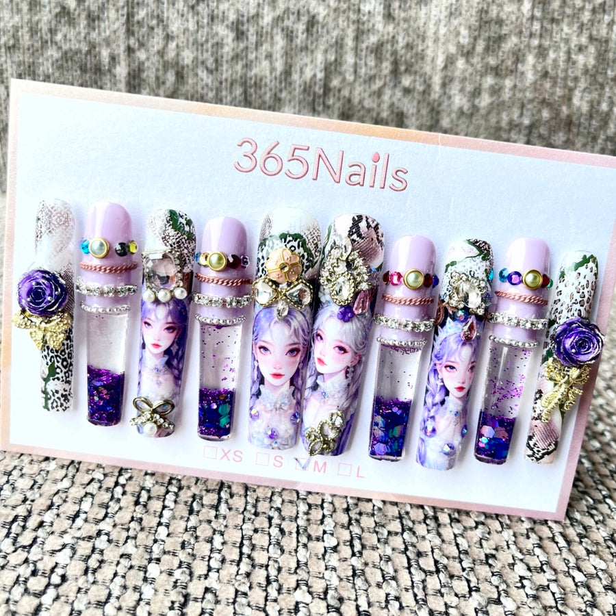 365nails: "Enchanted Garden" – 3D Character Art Handmade Coffin Nails-5.5cm
