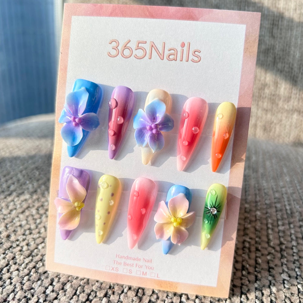 Sculpted Flora: "Tropical Dewdrops" – 3D Colorful Flowers & Water Droplets on Juicy Gradient Stiletto Nails