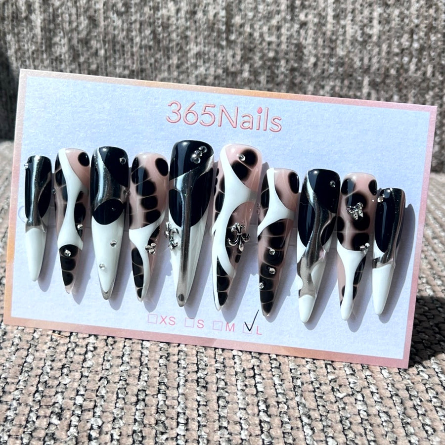 365nails: "Midnight Cow" – Abstract Chrome & Matte Handmade Long Stiletto Nails