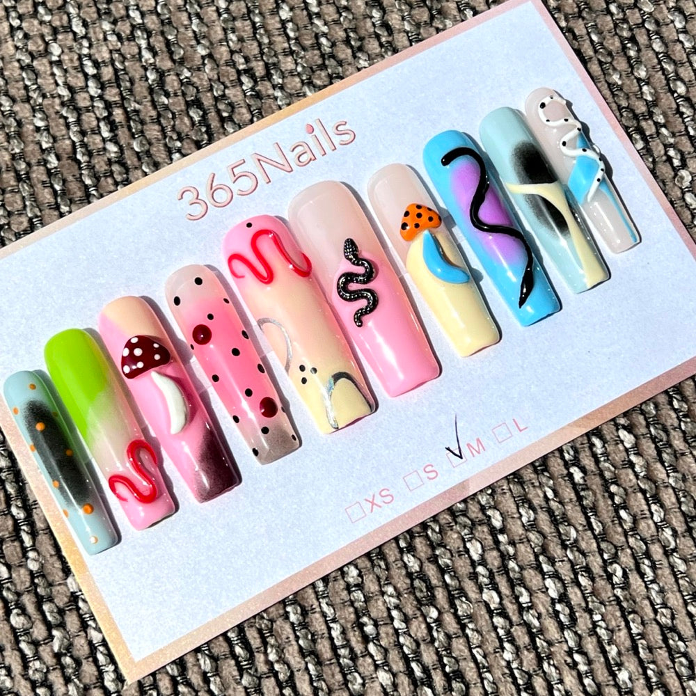 365nails: "Candy Pop" – 3D Snake & Mushroom Handmade Long Coffin Nails