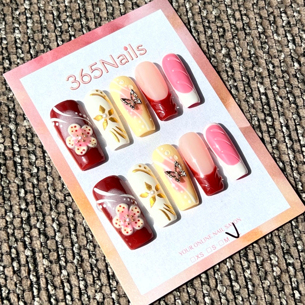 365nails: "Retro Bloom" – 3D Floral & Butterfly Handmade Square Nails