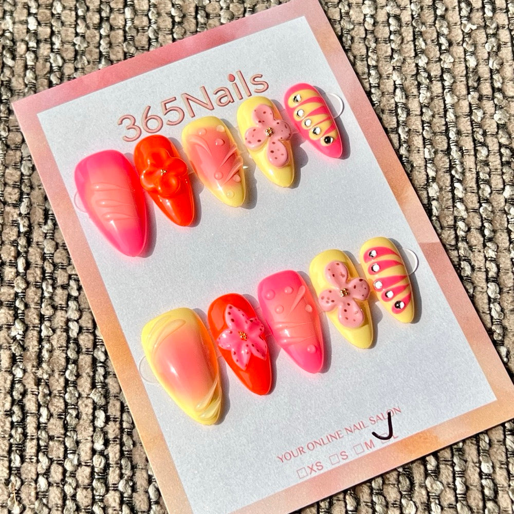 365nails: "Rainbow Flower Bubble 3D" – Handmade Medium Stiletto Press-On Nails