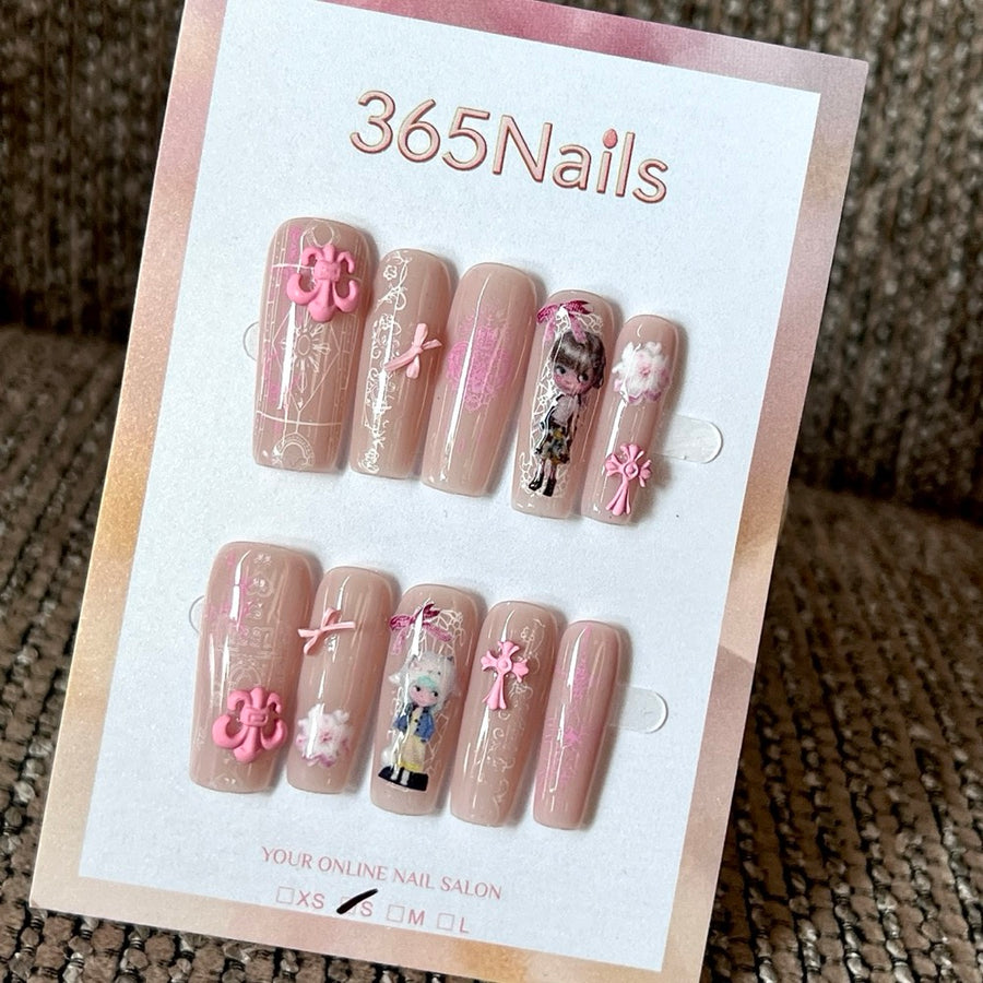 Pink Ribbon - Pink Bow Square Press-On Nails