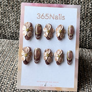 Elegant Brown & Gold 3D Floral Press-On Nails
