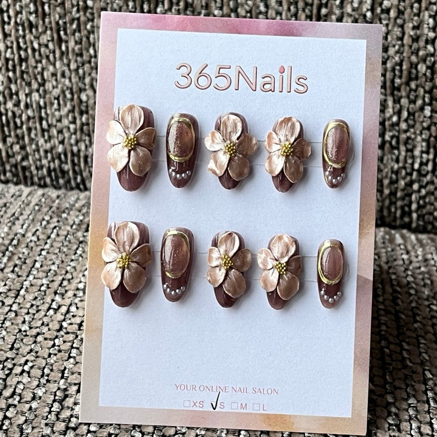 Elegant Brown & Gold 3D Floral Press-On Nails