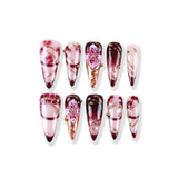 Berry Ice Cream Gold Beaded Long Pointed Hand-painted Press On Nail