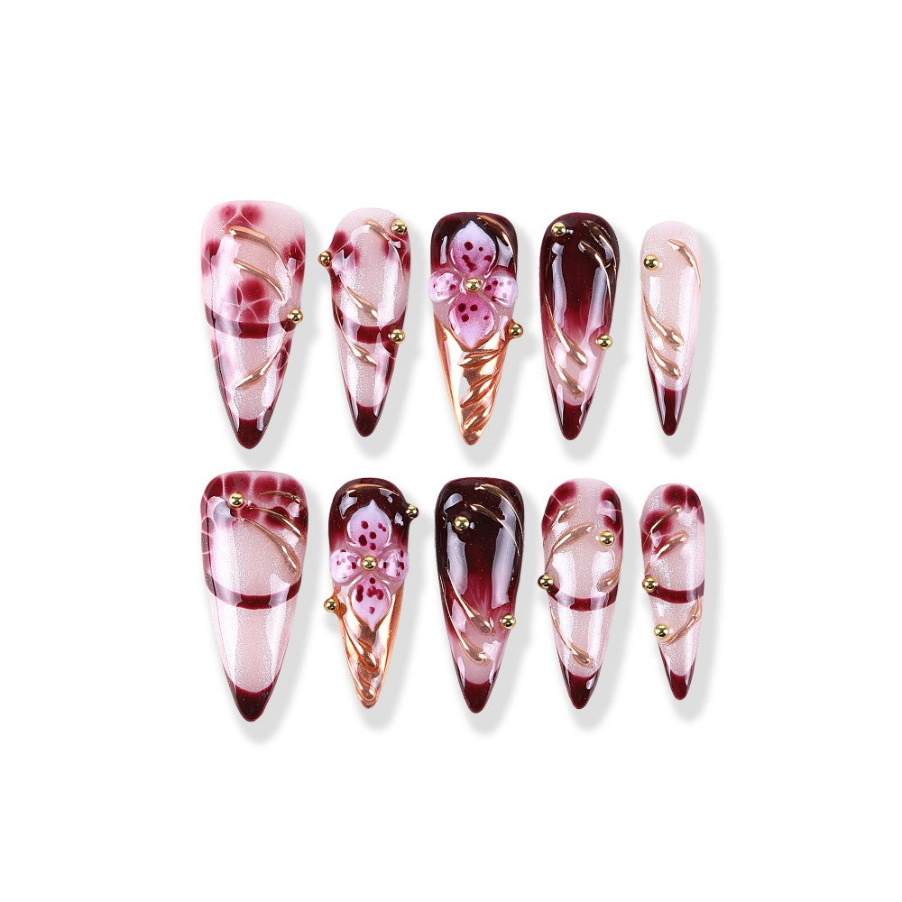 Berry Ice Cream Gold Beaded Long Pointed Hand-painted Press On Nail