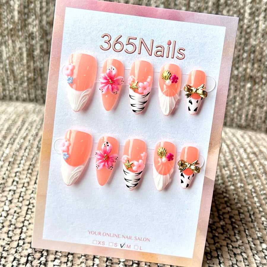 "Peach Floral Ocean" - Wholesale Ultra-Soft Flexible Fit Handmade Nails (MOQ=100)