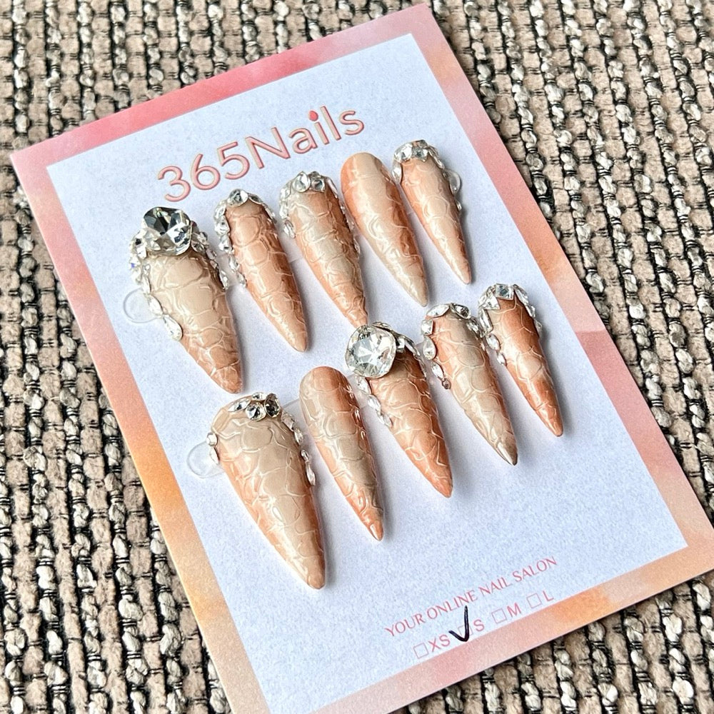 365nails: "Nude Croc Jewel" – Textured Crocodile & Crystal Embellished Handmade Stiletto Nails