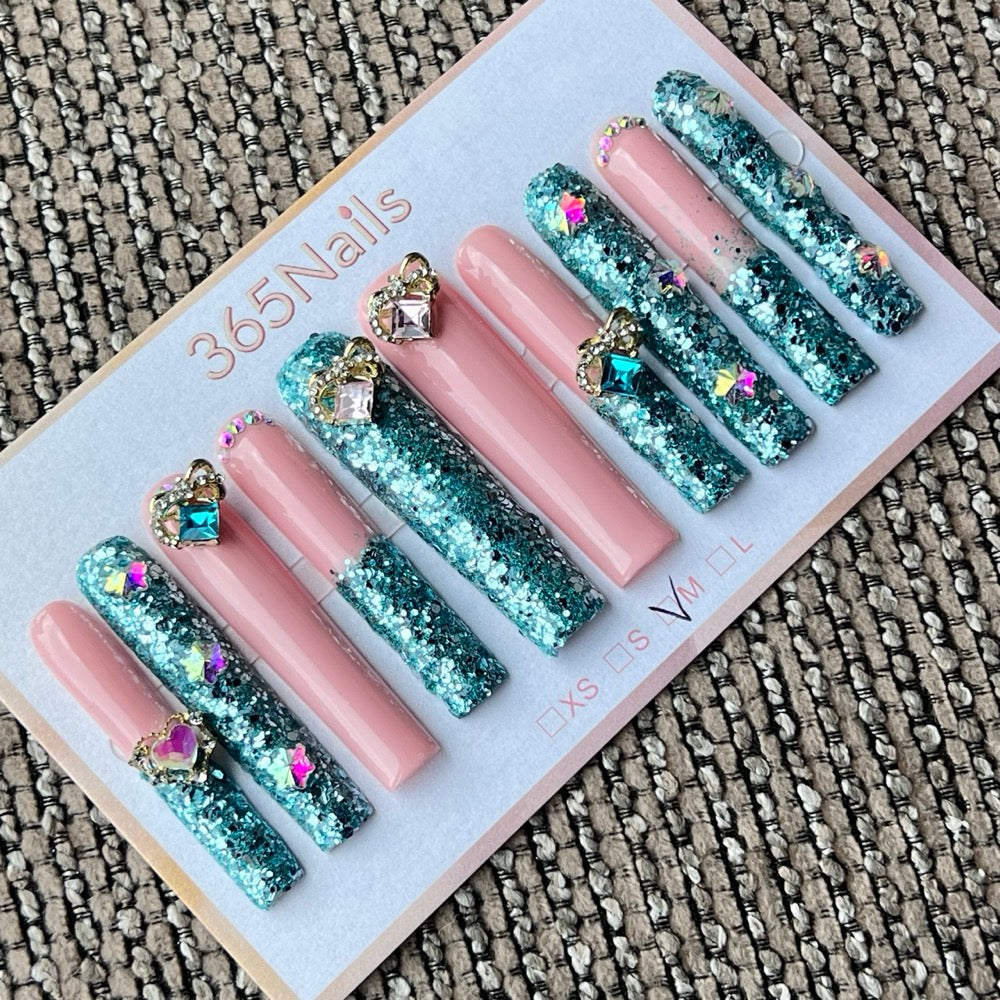 365nails: "Emerald Crush" – Chunky Glitter & 3D Heart Gem Handmade Press on Nails Long Coffin Nails